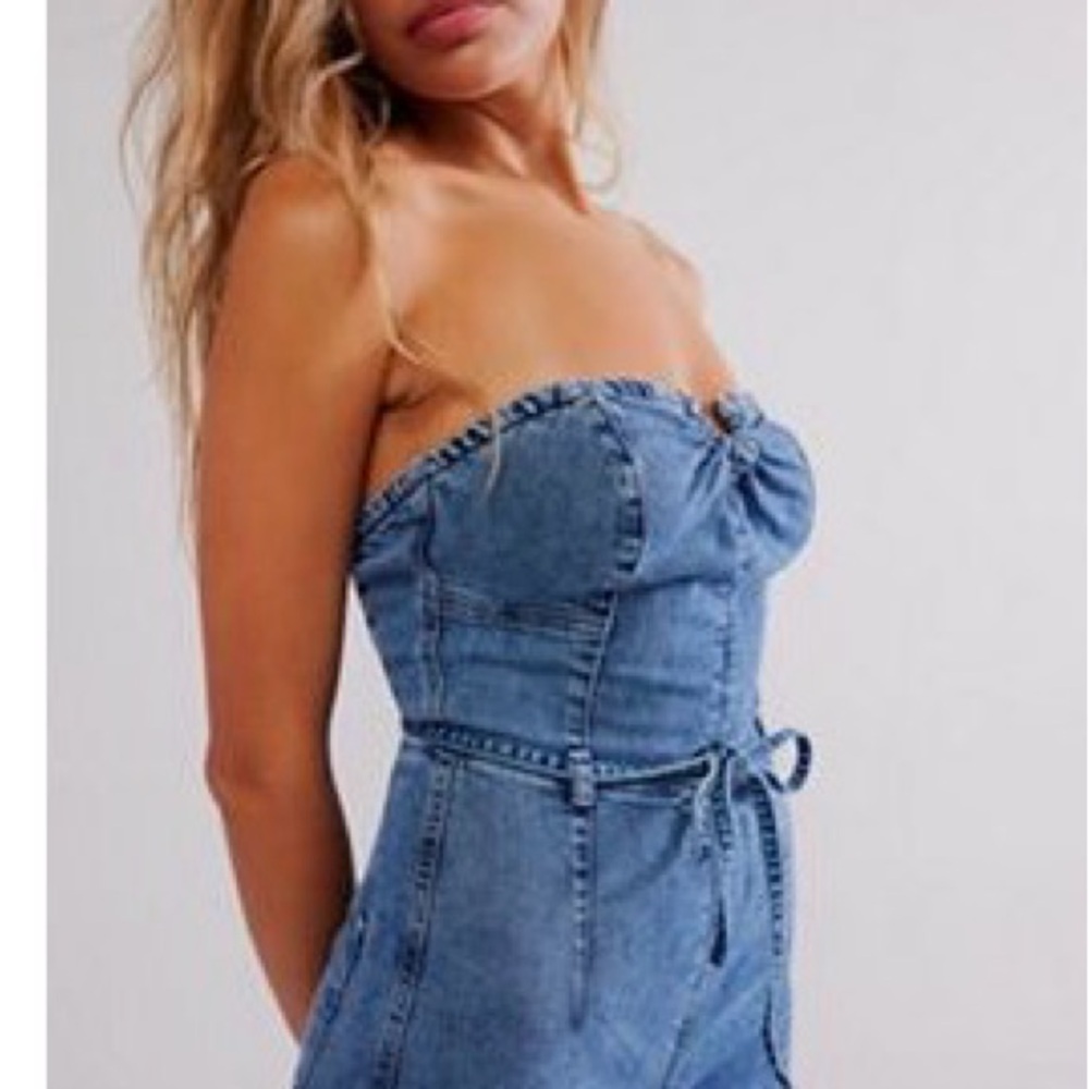 Free People Blue Strapless Denim Overalls